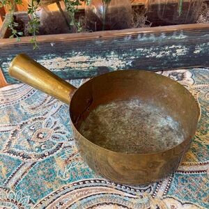 Hammered Brass Saucepan With Copper Rivets Hollow Handle Vintage 8 Inch Pot